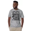 Side view of black man wearing funny gray Spare Human cat shirt on white background