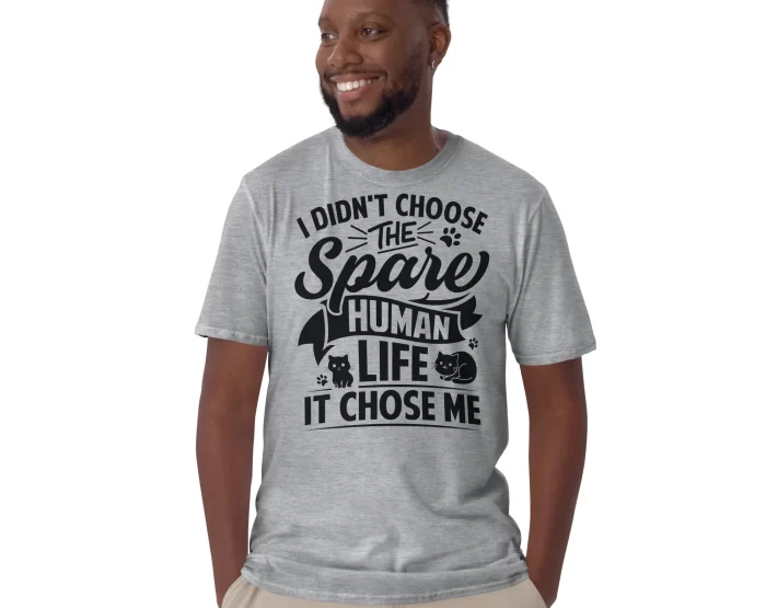 I Didn’t Choose the Spare Human Life, It Chose Me_grey_men_2 Side view of black man wearing funny gray Spare Human cat shirt on white background