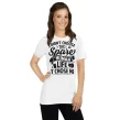 Woman in black pants wearing white "I Didn’t Choose the Spare Human Life" cat t-shirt.