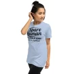 Side view of woman wearing light blue "Spare Human" tee