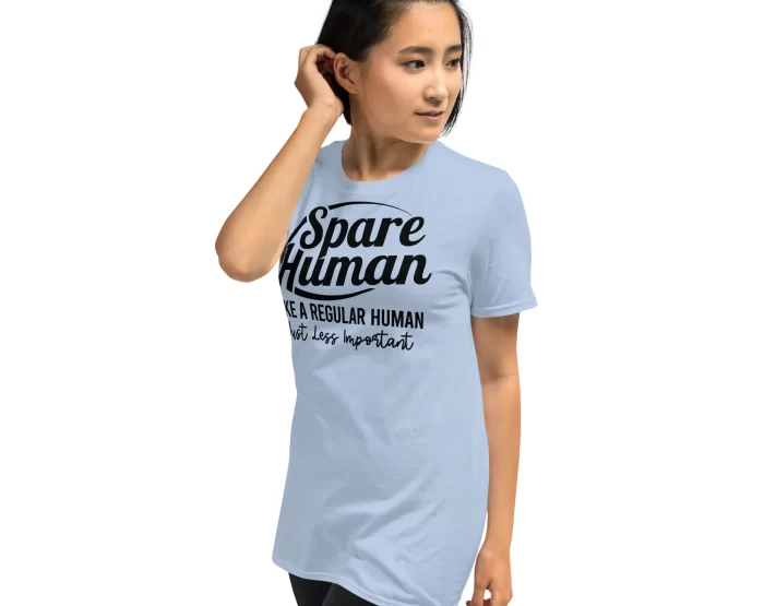 Light Blue Spare Human Shirt Female Side View Side view of woman wearing light blue "Spare Human" tee