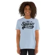 Woman modeling light blue "The Spare Human" t-shirt, front view with natural curls