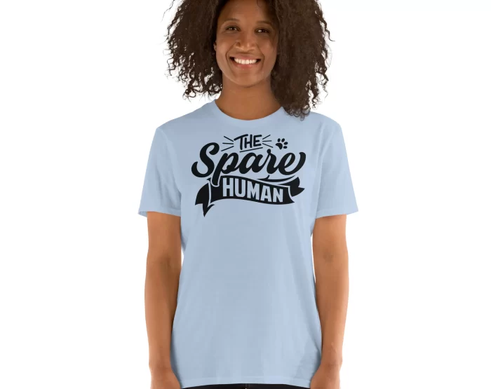 Light Blue Spare Human Shirt on Model Woman modeling light blue "The Spare Human" t-shirt, front view with natural curls