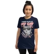Woman modeling navy "I Work Hard So My Cat Has a Better Life" tee, front view