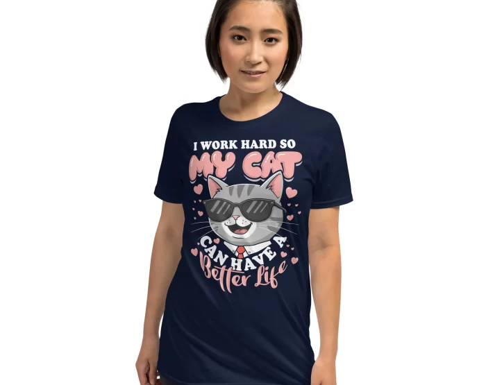 Navy Cat Work Shirt Female Model Woman modeling navy "I Work Hard So My Cat Has a Better Life" tee, front view
