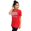 Woman in red Spare Human tee with ponytail and playful pose