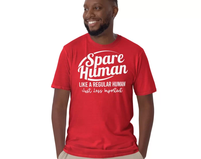Red Spare Human Shirt Male Model Man wearing red "Spare Human Like a Regular Human" t-shirt, front view