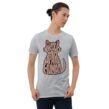 Model wearing light gray Sphynx cat shirt with minimalist feline shape design