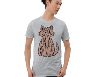 Model wearing light gray Sphynx cat shirt with minimalist feline shape design