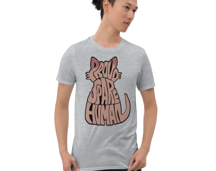 Sphynx Cat T-Shirt in Gray – Facing Forward Model wearing light gray Sphynx cat shirt with minimalist feline shape design