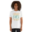 Black woman in white "My Cat’s the Boss" tee with natural hairstyle, front view