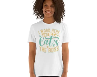 Black woman in white "My Cat’s the Boss" tee with natural hairstyle, front view