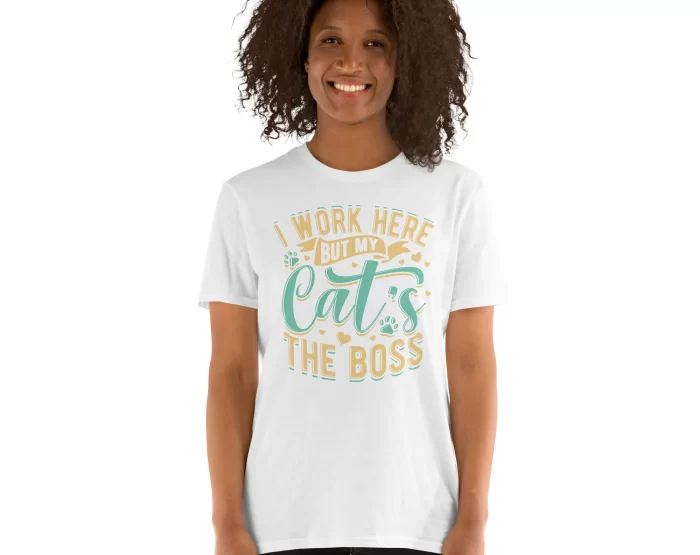 Black woman in white "My Cat’s the Boss" tee with natural hairstyle, front view