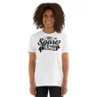 Woman wearing white "The Spare Human" minimalist t-shirt with natural curls, front-facing