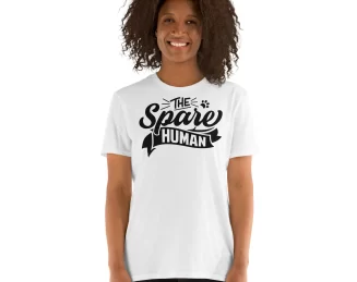Woman wearing white "The Spare Human" minimalist t-shirt with natural curls, front-facing