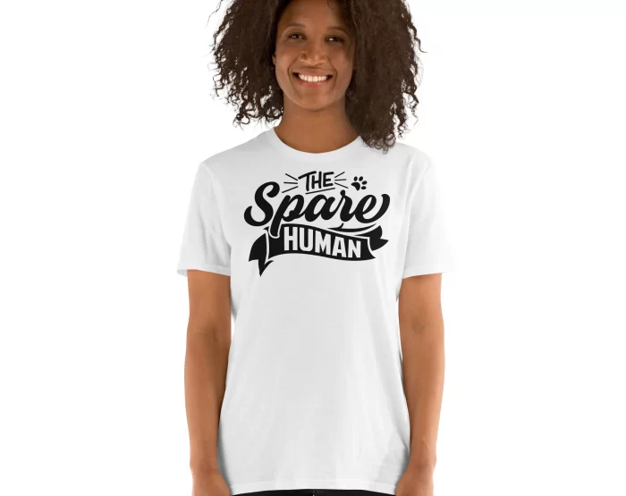 White Spare Human Shirt Female Model Woman wearing white "The Spare Human" minimalist t-shirt with natural curls, front-facing