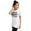 Woman in white Spare Human t-shirt playfully holding ponytail, front view