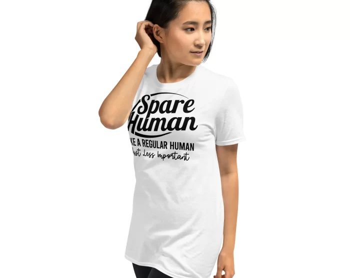 White Spare Human Shirt Female Pose Woman in white Spare Human t-shirt playfully holding ponytail, front view
