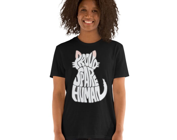 Woman modeling black Ragdoll Cat T Shirt with bold cat silhouette and Spare Human text