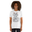 Woman modeling white Ragdoll Cat T Shirt with bold, minimalist cat shape