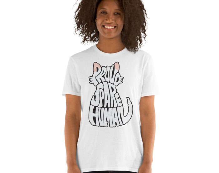 Woman modeling white Ragdoll Cat T Shirt with bold, minimalist cat shape