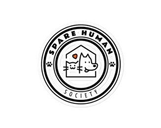 Circular sticker with Spare Human Society logo featuring cat, dog, and heart in minimalist design