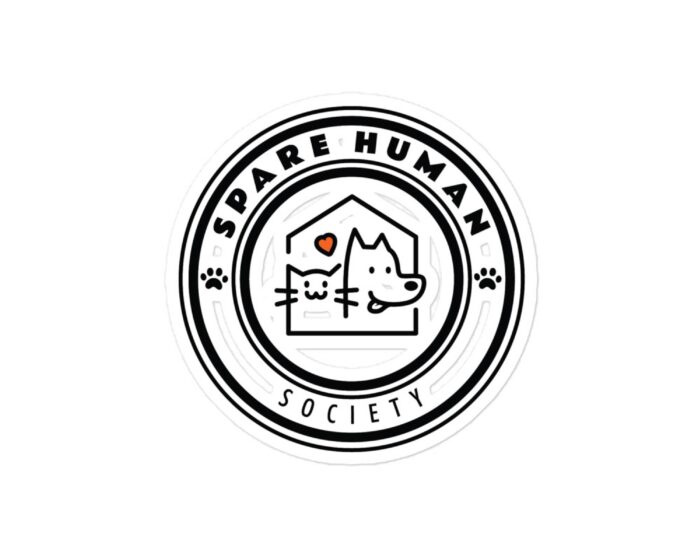 spare-human-society-logo-weatherproof-pet-parent-sticker Circular sticker with Spare Human Society logo featuring cat, dog, and heart in minimalist design