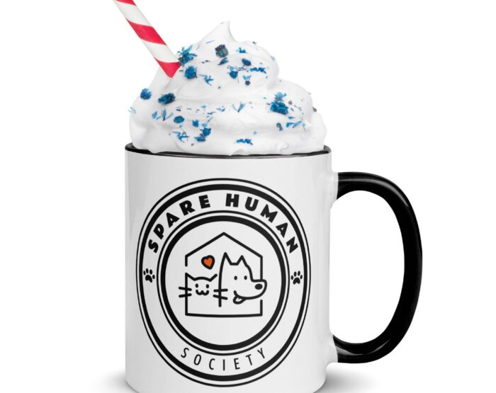 spare-human-society-mug-black-handle-pet-parent-coffee-cup. White ceramic mug with black handle and Spare Human Society logo, topped with whipped cream and sprinkles