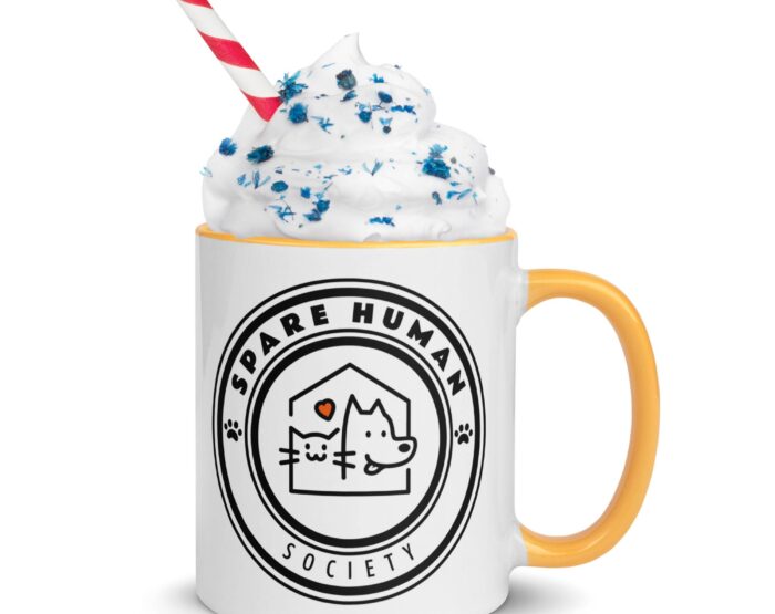 cat-dog-parent-mug-yellow-handle-funny-gift. Yellow-handle mug with Spare Human Society logo and whipped cream topping, perfect for pet lovers