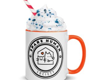 Ceramic mug with orange handle and pet-themed logo design reading Spare Human Society