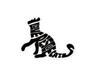 Weatherproof sticker featuring crowned cat silhouette spelling I Love Rescue Cats
