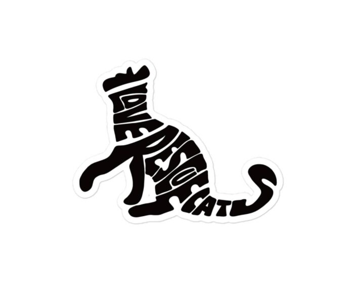 i-love-rescue-cats-sticker-black-cat-silhouette-vinyl Weatherproof sticker featuring crowned cat silhouette spelling I Love Rescue Cats