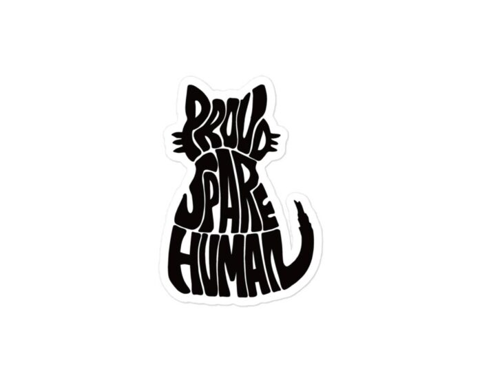 proud-spare-human-weatherproof-cat-sticker-vinyl-decal. Black cat silhouette sticker reading Proud Spare Human for outdoor or laptop use