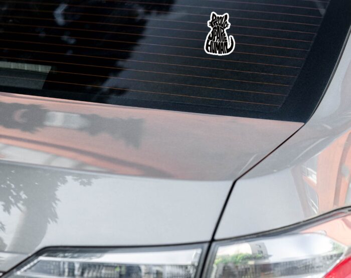 cat-parent-bumper-window-sticker-on-black-car Funny cat parent sticker placed on black car window showing Proud Spare Human design