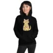 Smiling woman in black hoodie with tabby cat-shaped Proud Spare Human design from Spare Human Society
