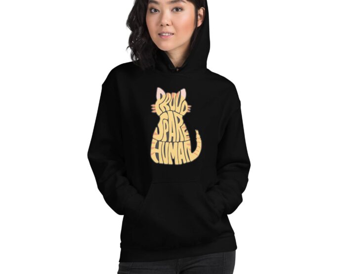 black-cat-hoodie-for-women-proud-spare-human-tabby-design Smiling woman in black hoodie with tabby cat-shaped Proud Spare Human design from Spare Human Society