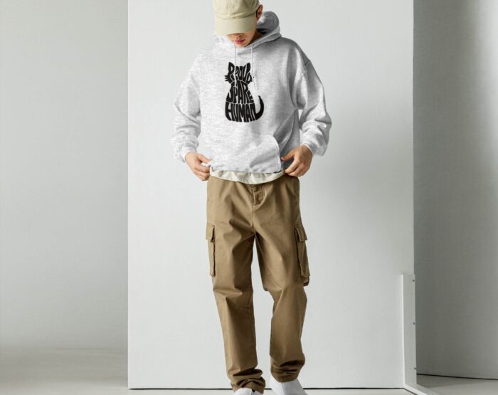 cat-hoodie-for-men-proud-spare-human-cat-silhouette Man wearing a white cat hoodie for men with Proud Spare Human graphic in black cat silhouette