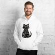 Man wearing white Proud Spare Human hoodie from the cat hoodie collection for adults