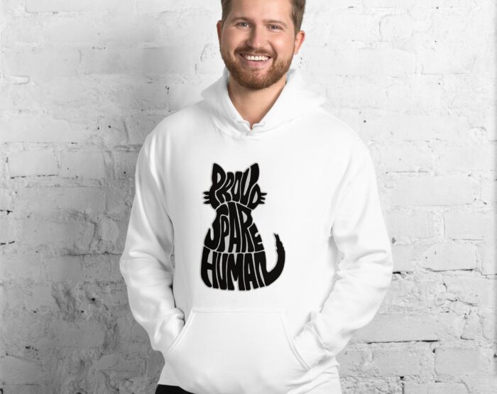 cat-hoodie-for-men-white-proud-spare-human Man wearing white Proud Spare Human hoodie from the cat hoodie collection for adults