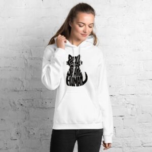 Woman wearing a cozy white cat hoodie for women with Proud Spare Human cat-shaped design
