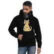 Man modeling a black cat hoodie for men with tabby cat silhouette and Proud Spare Human print