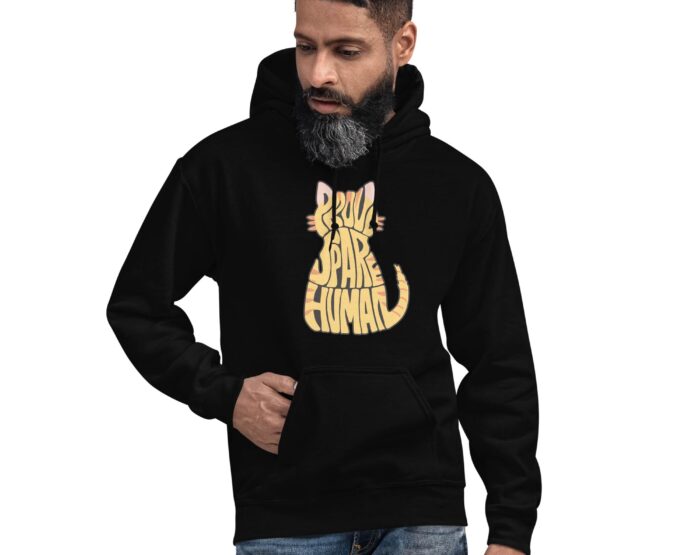 funny-cat-hoodie-for-men-black-tabby-proud-spare-human Man modeling a black cat hoodie for men with tabby cat silhouette and Proud Spare Human print