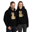 Couple wearing matching black cat hoodies for adults with Proud Spare Human tabby cat design