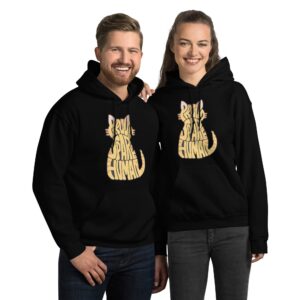 Couple wearing matching black cat hoodies for adults with Proud Spare Human tabby cat design
