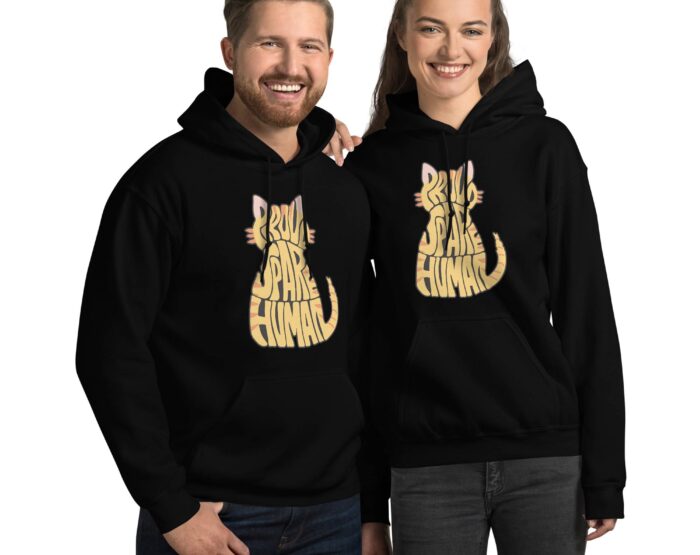 matching-cat-hoodies-for-couples-proud-spare-human Couple wearing matching black cat hoodies for adults with Proud Spare Human tabby cat design