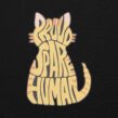 Tabby cat-shaped graphic with Proud Spare Human text on black background from Spare Human Society cat hoodie collection