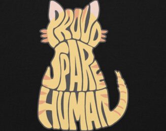 Tabby cat-shaped graphic with Proud Spare Human text on black background from Spare Human Society cat hoodie collection