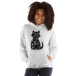 Smiling woman wearing a unisex white cat hoodie for adults with Proud Spare Human graphic