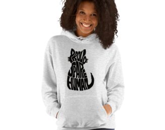 white-cat-hoodie-for-adults-women-cat-lover-sweatshirt Smiling woman wearing a unisex white cat hoodie for adults with Proud Spare Human graphic