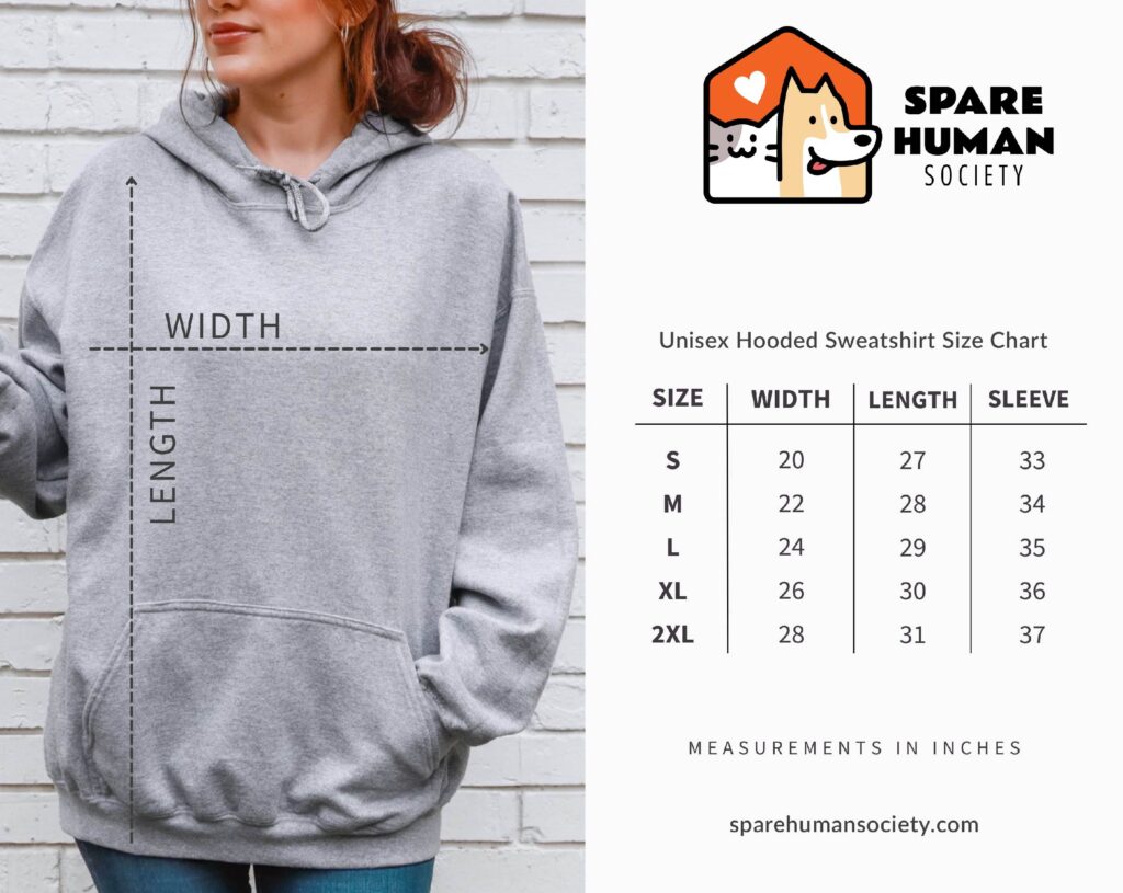 Spare Human Society unisex hooded sweatshirt size chart showing a woman in a gray hoodie with width, length, and sleeve measurement lines, plus a table of US sizes S to 2XL.